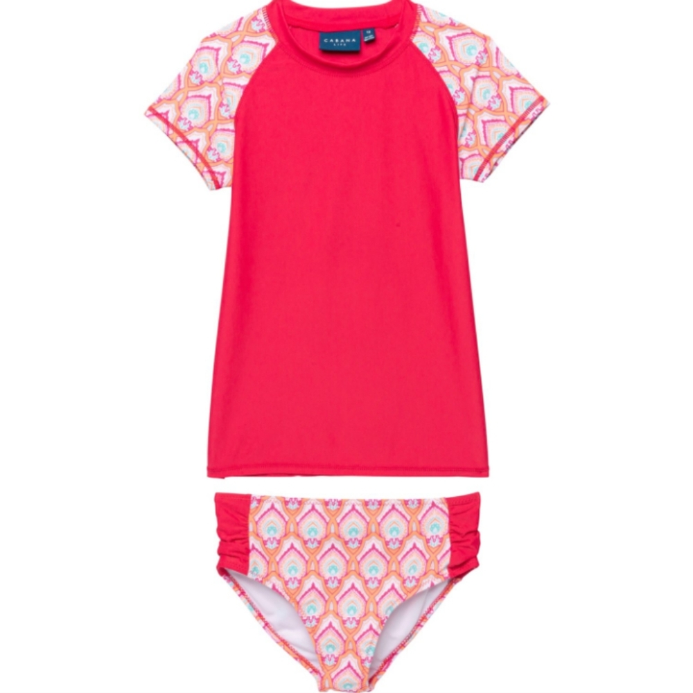 Cabana Life Big Girls Printed Rash Guard and Bikini Bottoms Set - UPF 50+, Short